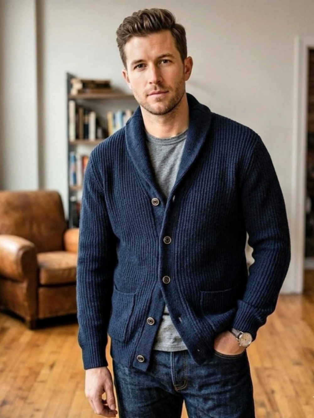 Black Brown 1826 Men's Knit Shawl Collar Button Cardigan Sweater Blue Pocket L
